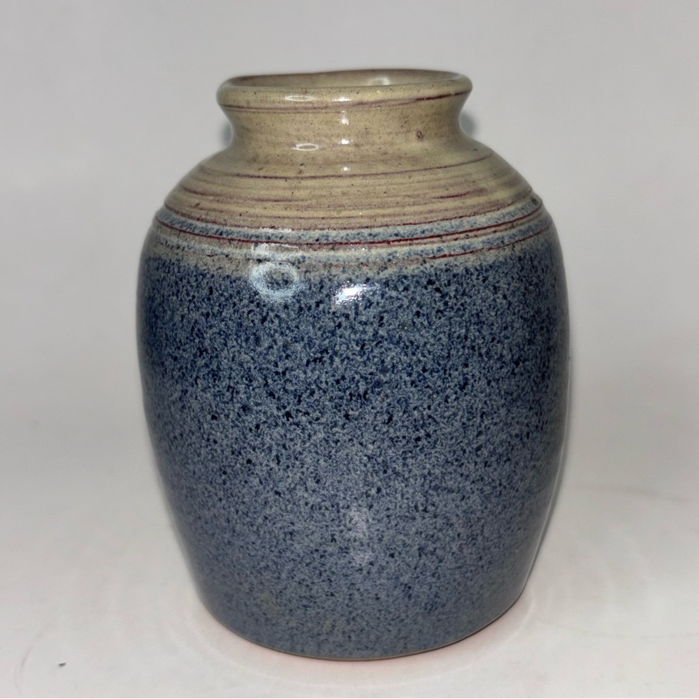 Studio Art Pottery Vase 4" tall Handmade Blue Glaze Earthware Signed Cape Cod